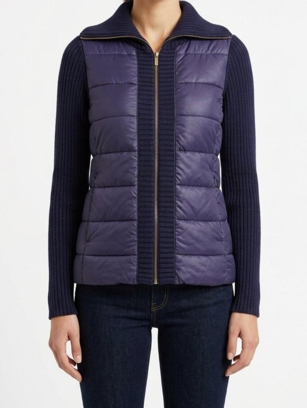 Liz Claiborne Petite Navy Blue Quilted Knit Puffer Zip Up Chunky Sweater PS